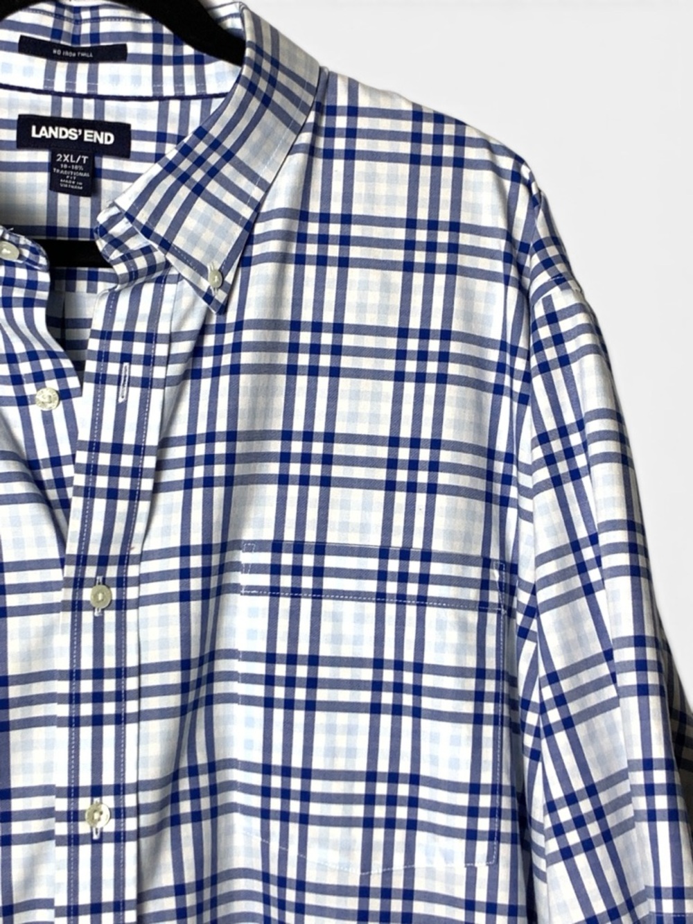 Lands End Mens 2XLT Blue Plaid No Iron Twill Short Sleeve Button Shirt Tall - Picture 6 of 16